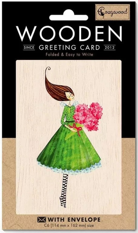 Karnet drewniany C6 + koperta Kobieta z bukietem - tantis.pl