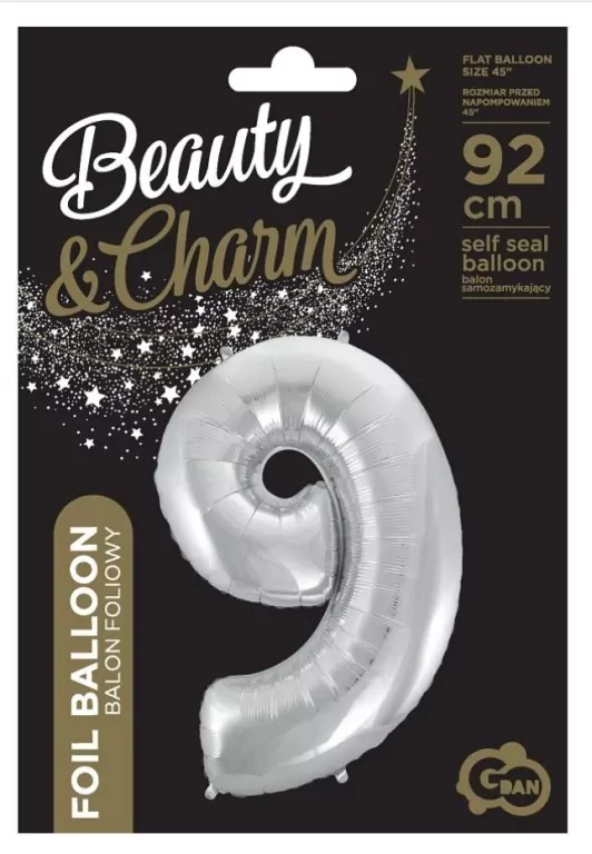 Balon foliowy cyfra 9 Beauty&Charm srebrna 92cm - tantis.pl