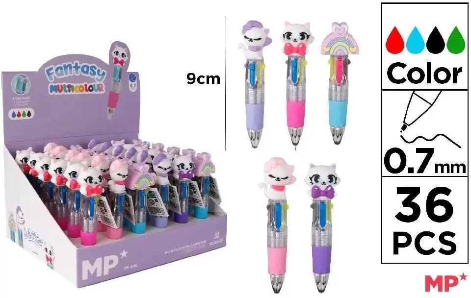Długopis mini 4-kolorowy 0.7mm kotki tęcza (36szt) - tantis.pl