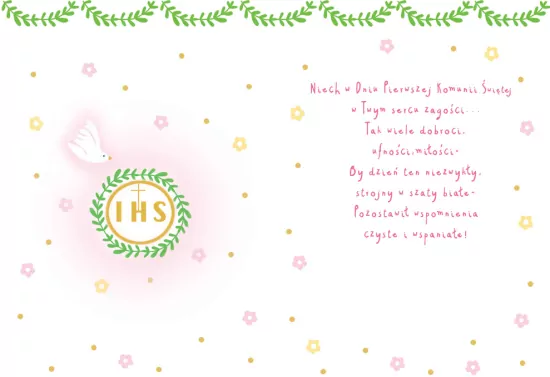 Karnet A5 Komunia. Gołąb różowy