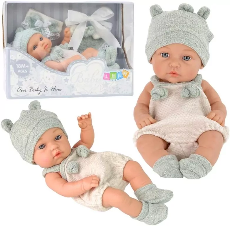 Lalka bobas szare ubranko czapeczka śliniak 18cm - tantis.pl