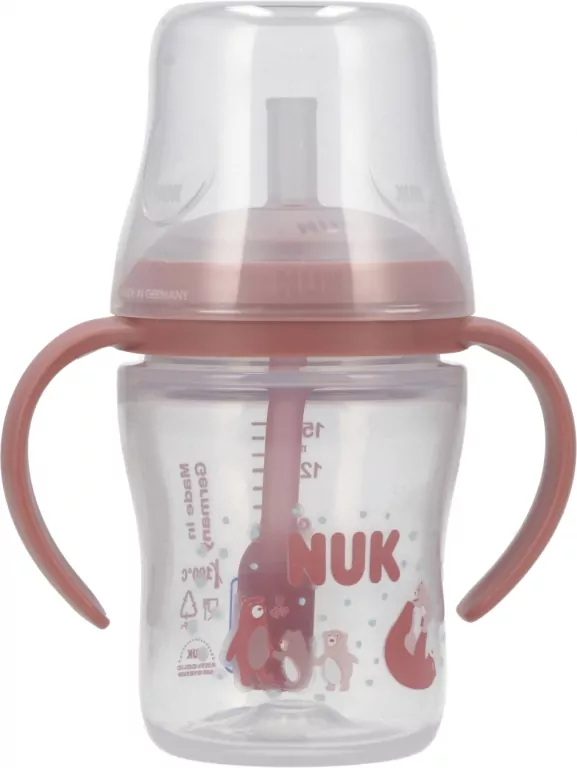 NUK. Butelka do nauki picia ze słomką. 150 ml. Miś - tantis.pl