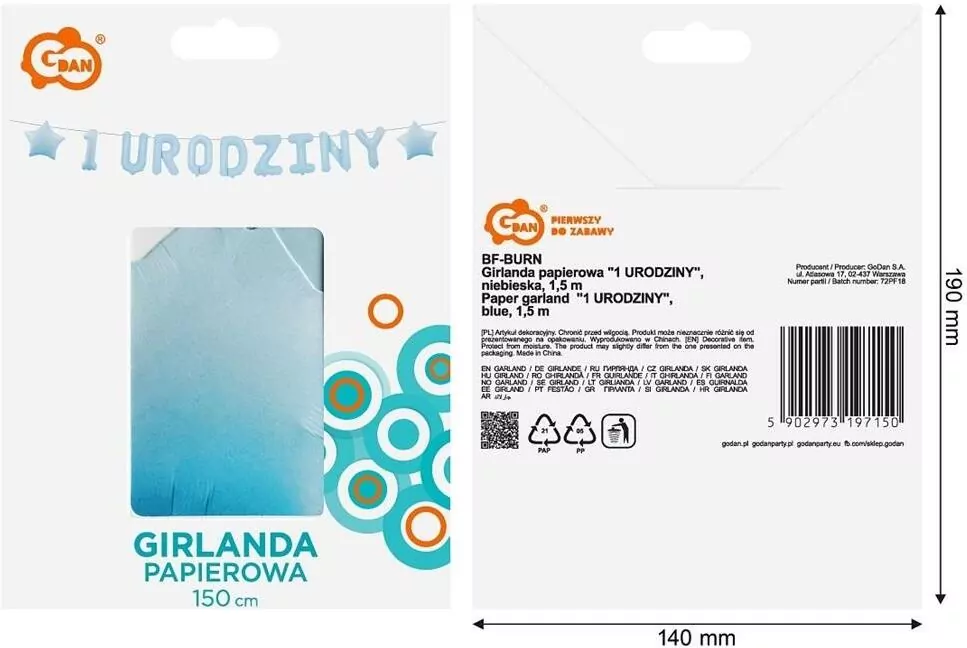 Girlanda papierowa 1 urodziny niebieska 1,8m - tantis.pl
