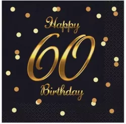 Serwetki Happy 60 Birthday czarne 33x33cm