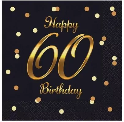 Serwetki Happy 60 Birthday czarne 33x33cm