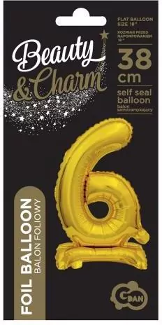 Balon foliowy B&C Cyfra stojaca "6" złota 38cm - tantis.pl