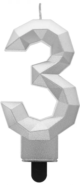 Świeczka. Cyfra 3. Diament srebrny metalik 7,6cm - tantis.pl