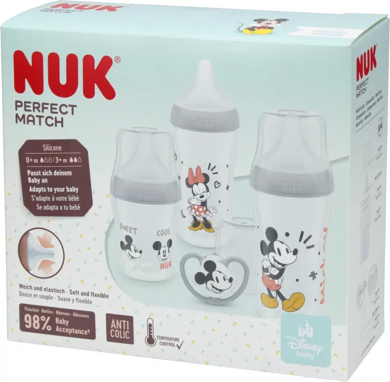 NUK. Perfect Match. Zestaw 4-częściow: 3 butelki, 1 smoczek. Mickie i Minnie - tantis.pl