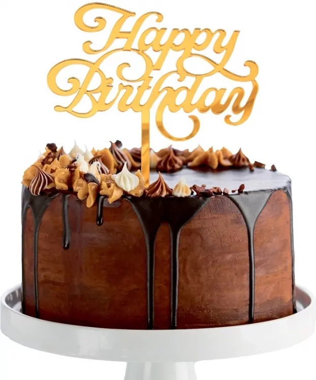 Dekoracja akrylowa na tort Happy Birthday złota - tantis.pl