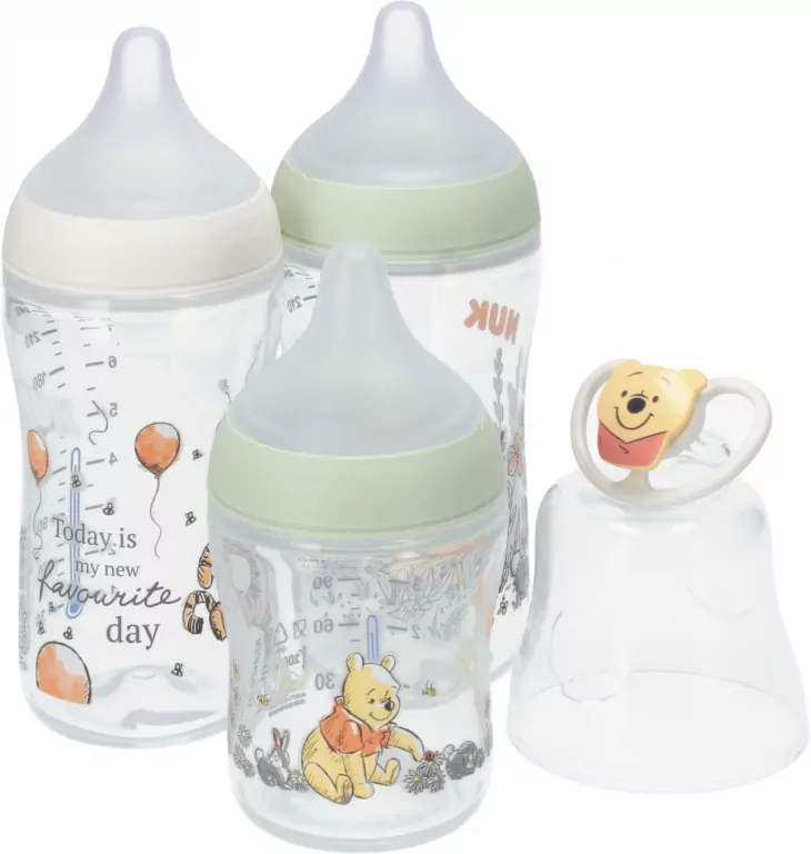 NUK. Perfect Match. Zestaw: smoczek/ 3 butelki. 0-6 miesięcy. Kubuś Puchatek - tantis.pl