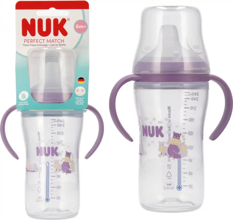NUK. Butelka do nauki picia. 260 ml. Hipopotam - tantis.pl