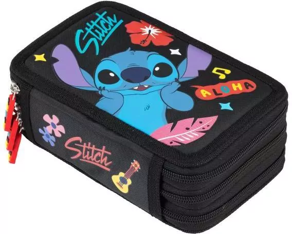Piórnik potrójny z wyposażeniem Stitch black Aloha - tantis.pl