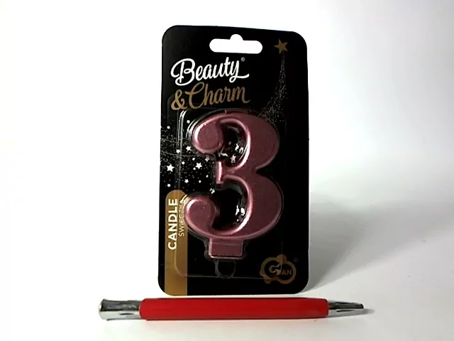 Świeczka B&C cyferka 3, metalik różowo-złota 8cm - tantis.pl