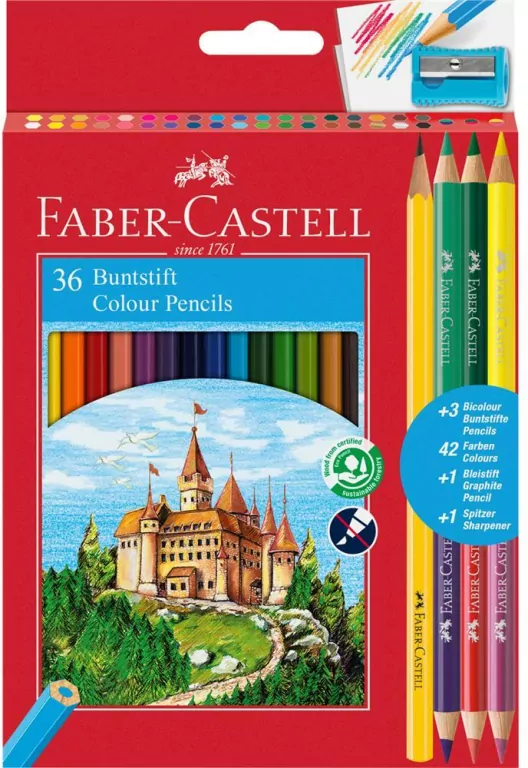 Kredki ołówkowe Zamek Faber-Castell 36 kolorów +3 kredki dwustronne+ołówek+temperówka - tantis.pl