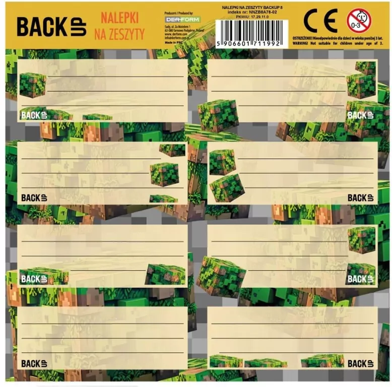 Nalepki na zeszyty Backup 8 a 78  DERFORM - tantis.pl