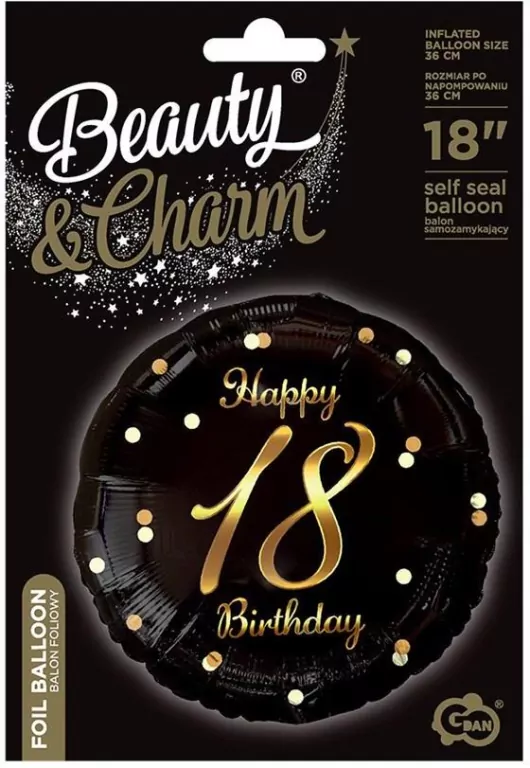 Balon foliowy Happy 18 Birthday czarny 45cm - tantis.pl