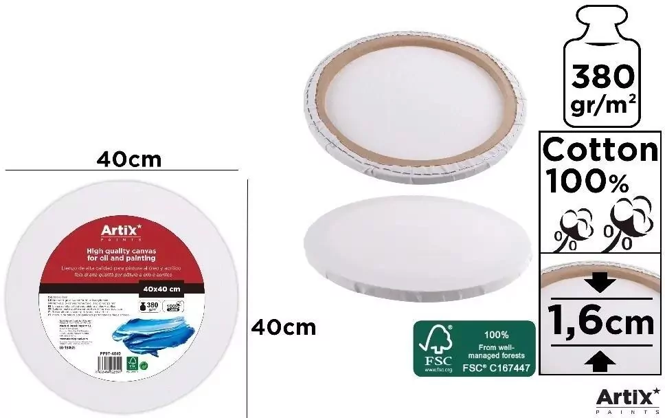 Podobrazie okrągłe 40x40x1.6cm 380G/m2 - tantis.pl